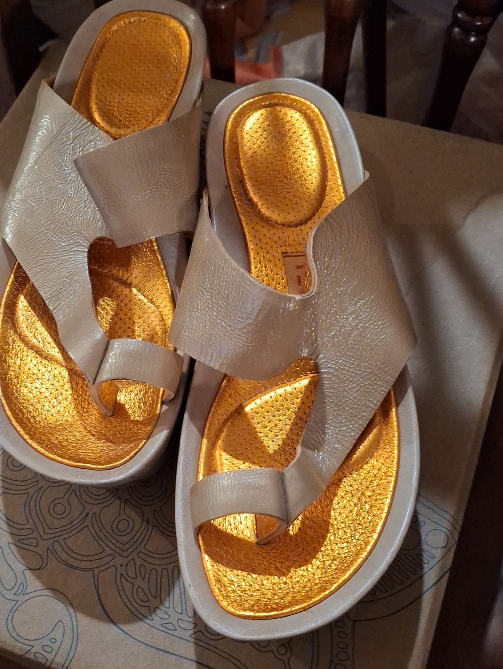 Tsubo Beige Slide Sandals with Metallic Gold Footbed